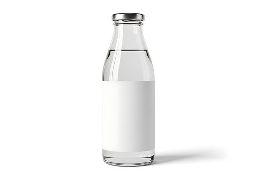 Empty glass milk bottle with metal cap on white surface