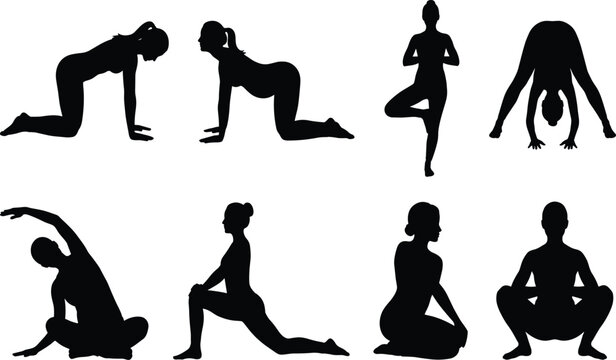 Yoga poses and stretching exercises woman black silhouette vector illustration icon set