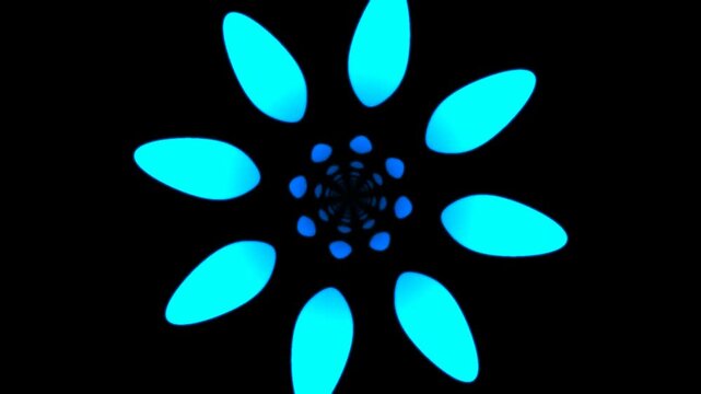 Abstract glowing blue flower pattern on a black background, digital art.