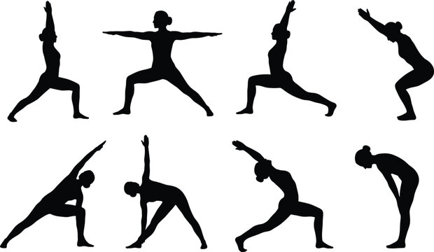 Yoga standing poses and warrior sequence woman black silhouette vector illustration icon set