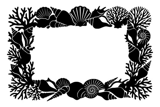 Nautical seashell and coral frame silhouette border on white background