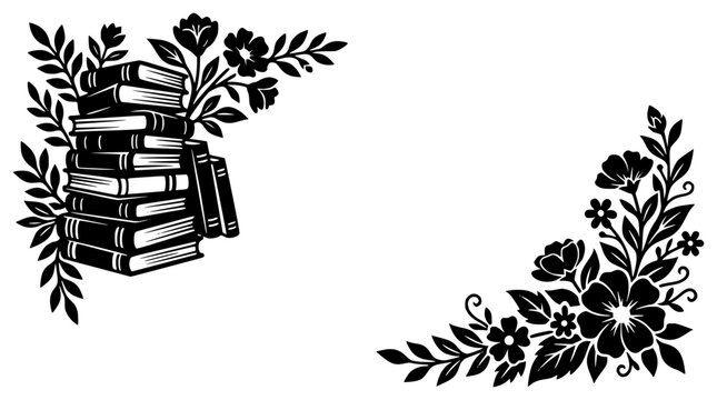 Vintage style book stack and floral border illustration in black and white silhouette