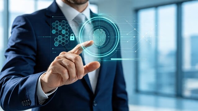 Businessman touching holographic fingerprint security interface