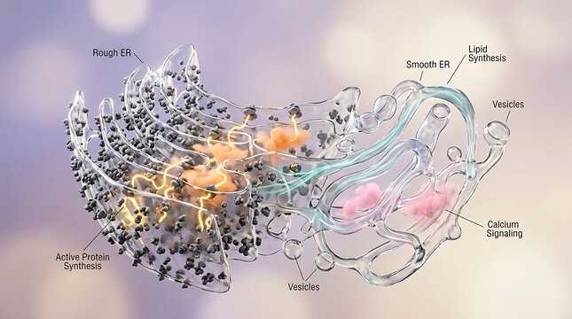 Premium Ultra Realistic Transparent Endoplasmic Reticulum Cutaway Cell Biology Visualization with Protein Synthesis and Lipid Metabolism
