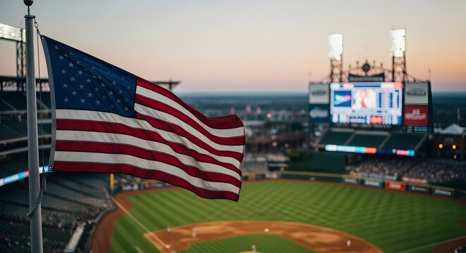 American flag waving over baseball stadium at sunset