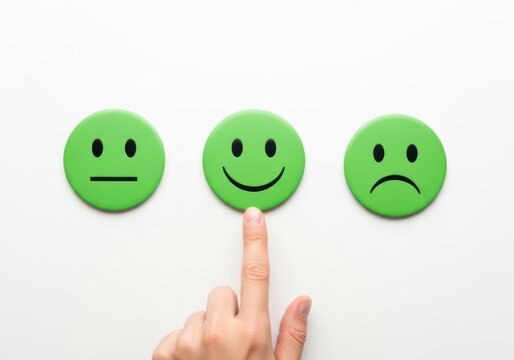 Hand choosing happy green smiley face from three emotions