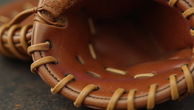 Macro texture study of a heavily oiled, laced brown leather catcher's mitt.