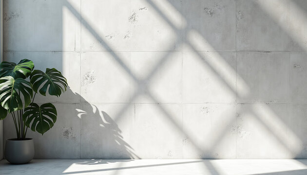 Sharp geometric gobo shadows of a Monstera leaf cast on a raw textured concrete wall.