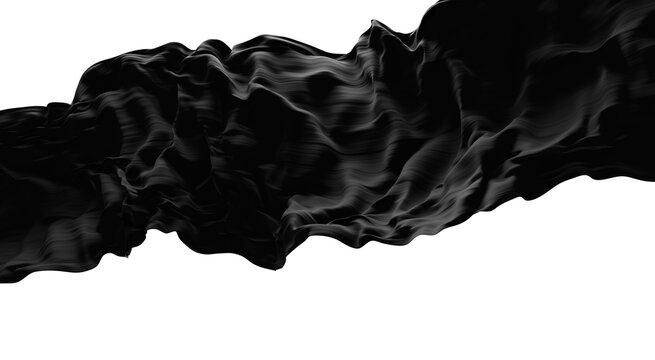 Luxury black sheer pleated chiffon fabric waving isolated on transparent background with copy space design for black friday sale banner 3D render
