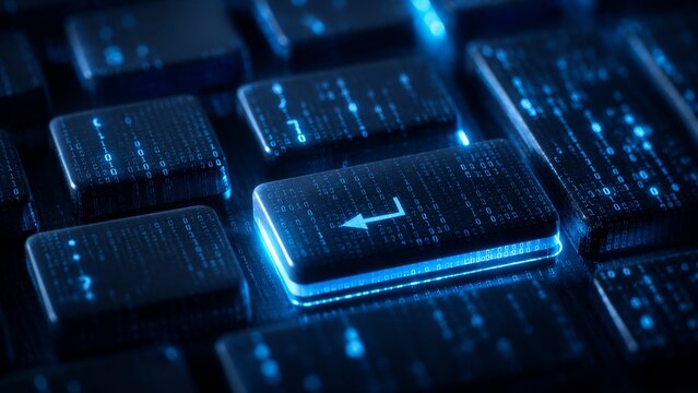Close up of computer keyboard enter key glowing with blue digital binary code for cyber security concept
