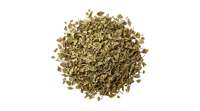 Pile of dried oregano leaves isolated on transparent background herb.
