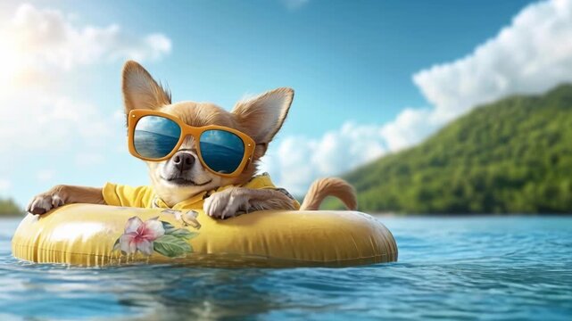 A cute chihuahua wearing sunglasses floats on a yellow inner tube in the clear blue tropical ocean.