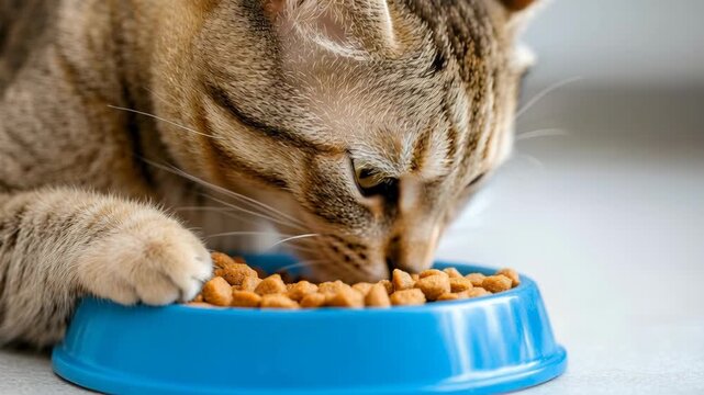 A close up view of a domestic tabby cat eating dry kibble food from a small round blue plastic bowl.