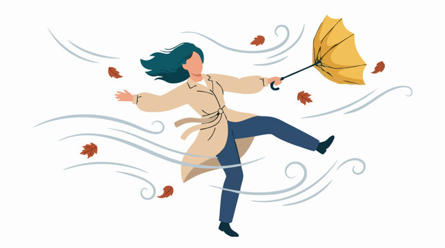 Woman battling strong wind with inverted umbrella and falling autumn leaves