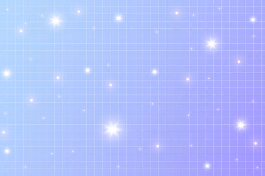 Retro aesthetic grid with sparkles and pastel gradients. Kawaii stars on trendy 90s-geometric checkered layout. Blue template for posters, banners and cool digital designs.