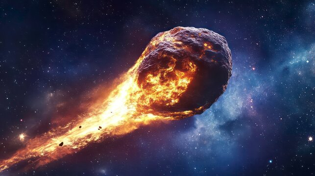 Fiery asteroids hurtling through space, ideal for science fiction projects, disaster movie posters, or news articles about space exploration.