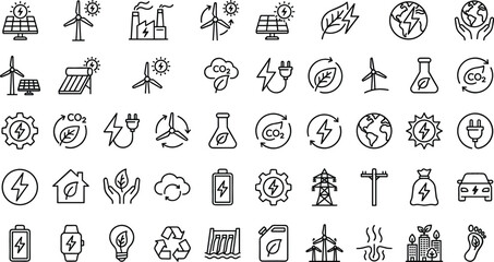Fototapeta premium Green Energy and Ecology Line Icon Set Featuring Solar Panels Wind Turbines Carbon Footprint Recycling and Renewable Technology Graphic Symbols