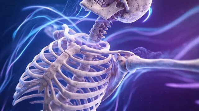 A human skeleton floating through glowing blue and purple energy