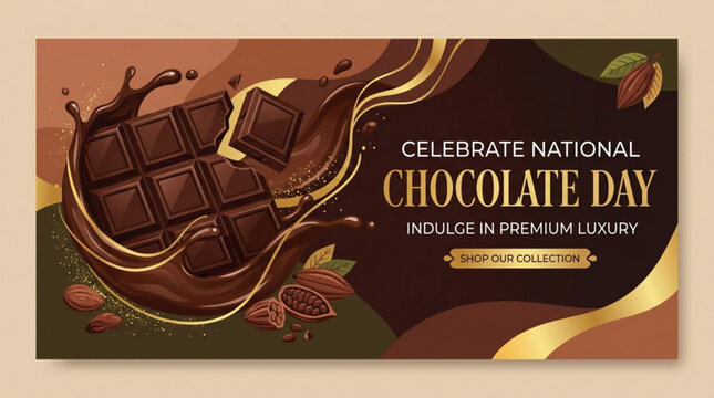 Chocolate bar with melting chocolate and cocoa beans on national chocolate day banner