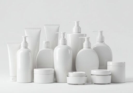 Collection of white skincare bottles and jars isolated on white background