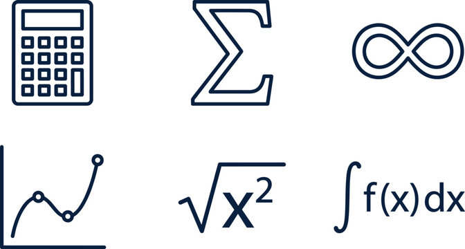 Advanced mathematics and calculus vector line icon set featuring calculator, sigma, integral, infinity, and data graph for educational analytics marketing
