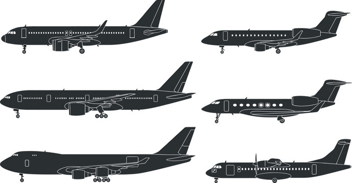 Airplane silhouette vector illustration set featuring commercial jet airliners, regional planes, and private corporate aircraft for aviation industry classification infographics