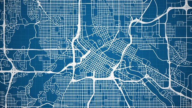 Ink reveal animation of Minneapolis city, Minnesota (MN), United States of America, grid map. Aerial top view. Blueprint style. White lines with blue background. 4K Seamless loop.