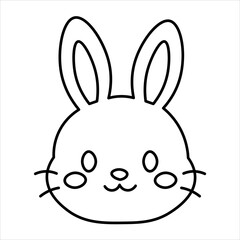 Simple black and white outline drawing of a cute cartoon rabbit head with whiskers, perfect for coloring pages or children's illustrations. © AEEOSS