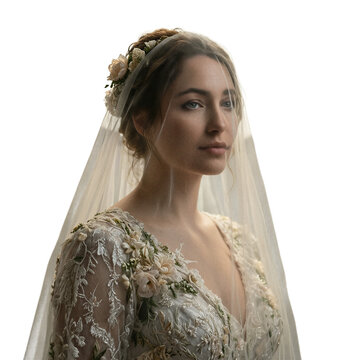 Bride woman wedding, portrait of a young bride in a lace dress with floral crown on a transparent background for design