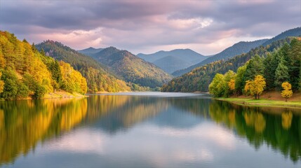 Naklejka premium Serene Autumn Landscape with Calm Lake, Colorful Trees, and Majestic Mountains Under a Soft Cloudy Sky at Sunset