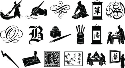 Obraz premium Black and white calligraphy icons and silhouette illustrations set featuring traditional writing tools, inkwells, Asian ink brushes, and elegant lettering styles
