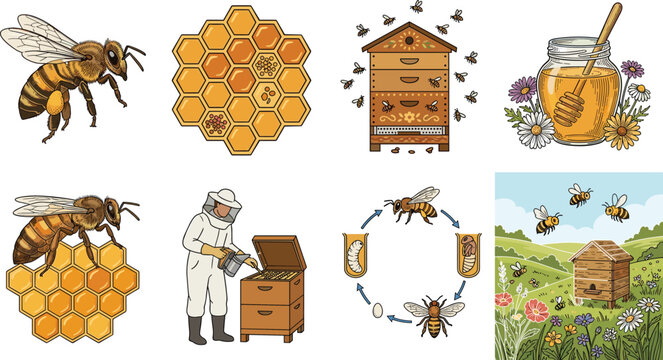 Beekeeping and honey production vector set featuring bees honeycombs hive apiary beekeeper life cycle and blooming meadow landscape