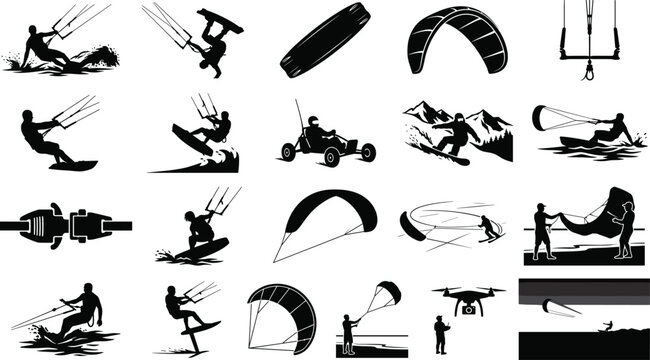 Black and white kiteboarding icon set featuring silhouettes of kitesurfers, extreme water sports equipment, and traction kiting activities.