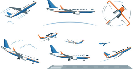 Commercial airplanes and private jets in various flight angles vector illustration set featuring takeoff, landing, and maneuvers for aviation industry infographics © AdhinChandra