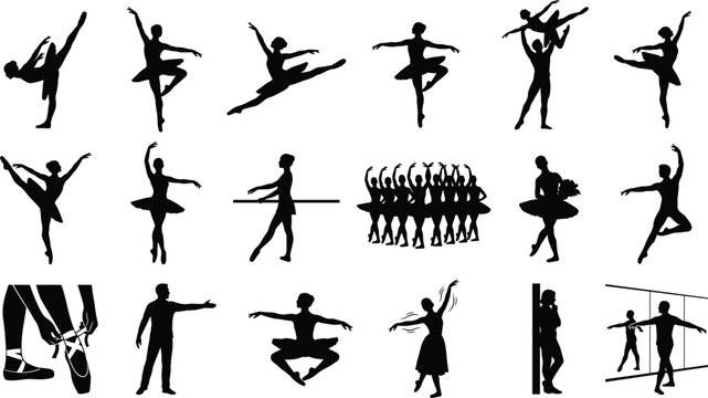Black ballerina silhouette set with classical ballet dancers vector icons performing elegant dance poses isolated on white background