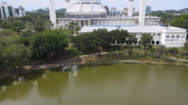 Aerial Drone View of Sultan Salahuddin Abdul Aziz Mosque (Blue Mosque), Shah Alam, Malaysia, 4K