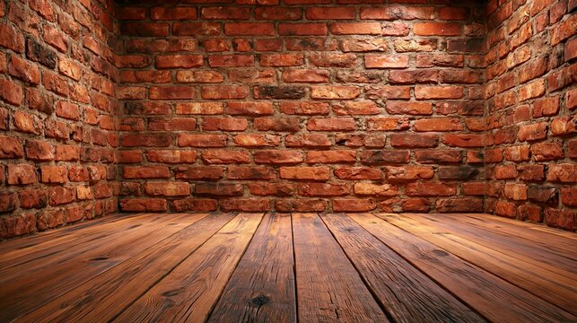 Red bricks formed the wall in an empty room, where wood covered the floor.