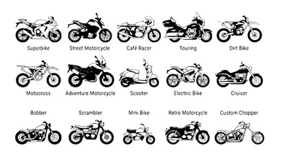 Flat Motorcycle Icon Collection with Modern and Classic Bike Designs Vector Illustration © Md