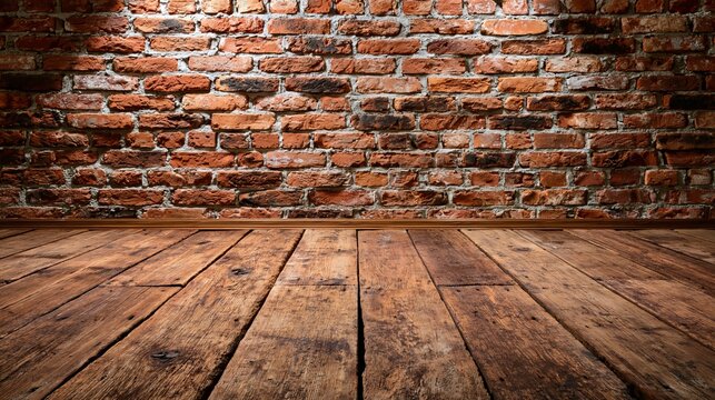 Red bricks formed the wall in an empty room, where wood covered the floor.