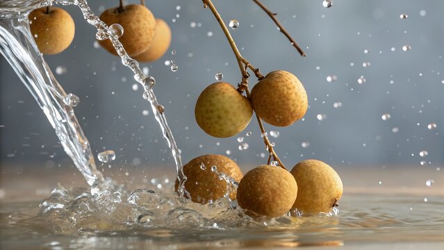 Longan fruits on a branch with water splashing on them creating a refreshing scene