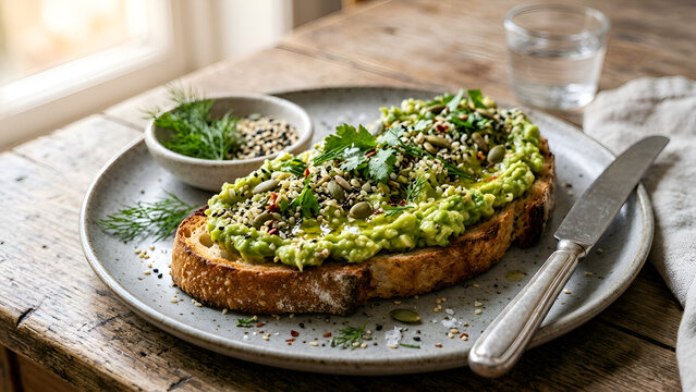 Healthy Avocado Toast Breakfast with Seeds and Dill on Rustic Table