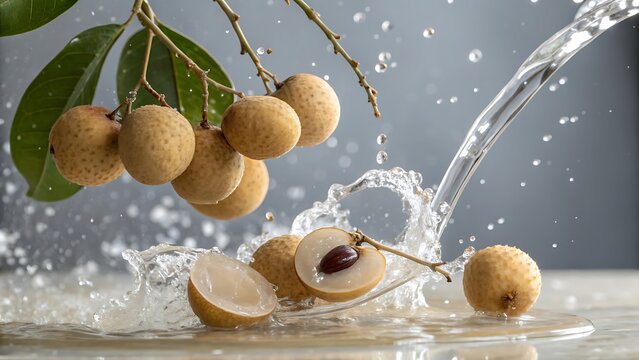 Longan fruits with green leaves splashing in water on a table