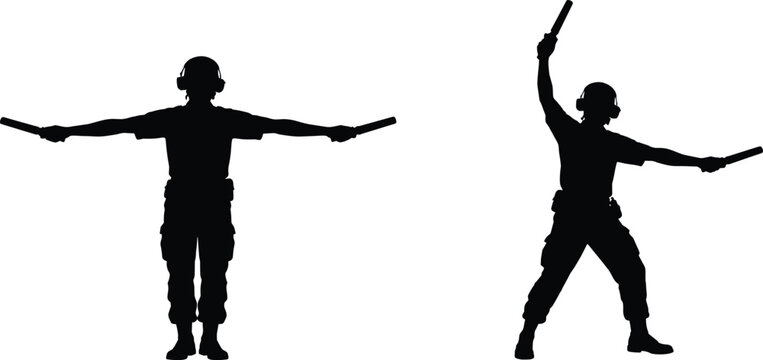 Airport Marshall Signal Worker Silhouette Set with Runway Guidance Batons Vector Illustration