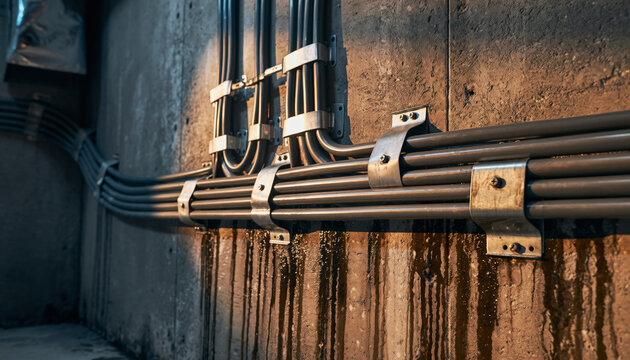 Electrical cables mounted on a concrete wall with rust stains.