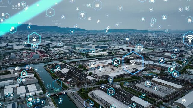 工業地帯のドローン空撮とデジタルテクノロジーのコンセプト