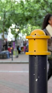Vertical video: Anchoring bollard on city street, two women in white dress and dark coat crossing