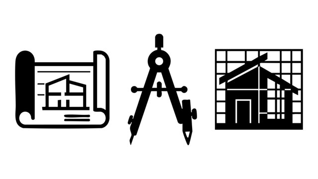 Architectural icons of house plans and a drafting compass