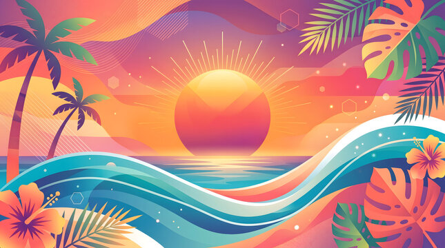 Tropical beach background with palm trees, golden sand, turquoise ocean waves and sunny summer sky, vector illustration of summer travel and vacation landscape banner design