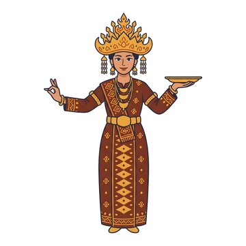 Woman Performing Traditional Gending Sriwijaya Dance Holding Tepak in Authentic Palembang Costume Flat Vector Illustration