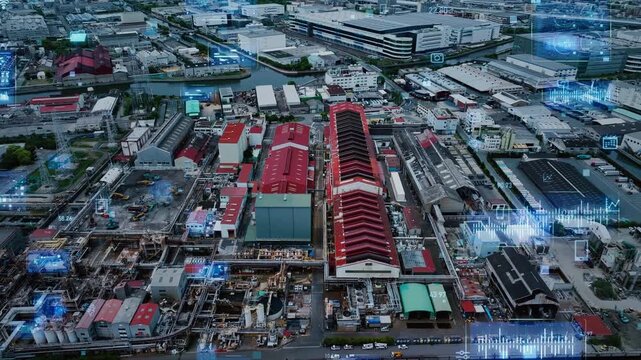 Concept of drone aerial photography and digital technology in an industrial zone.